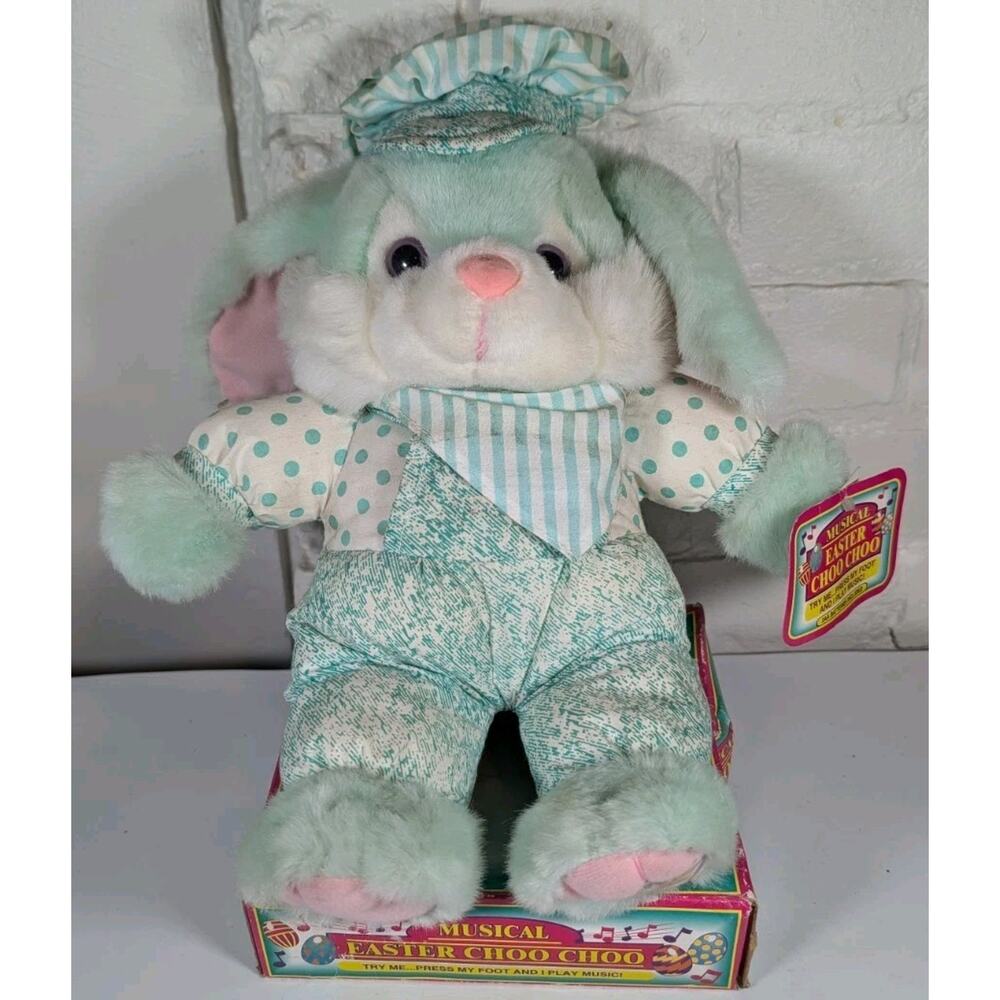VTG Dandee Musical Plush Easter Bunny Choo Choo Pastel Green Rabbit Dan Dee